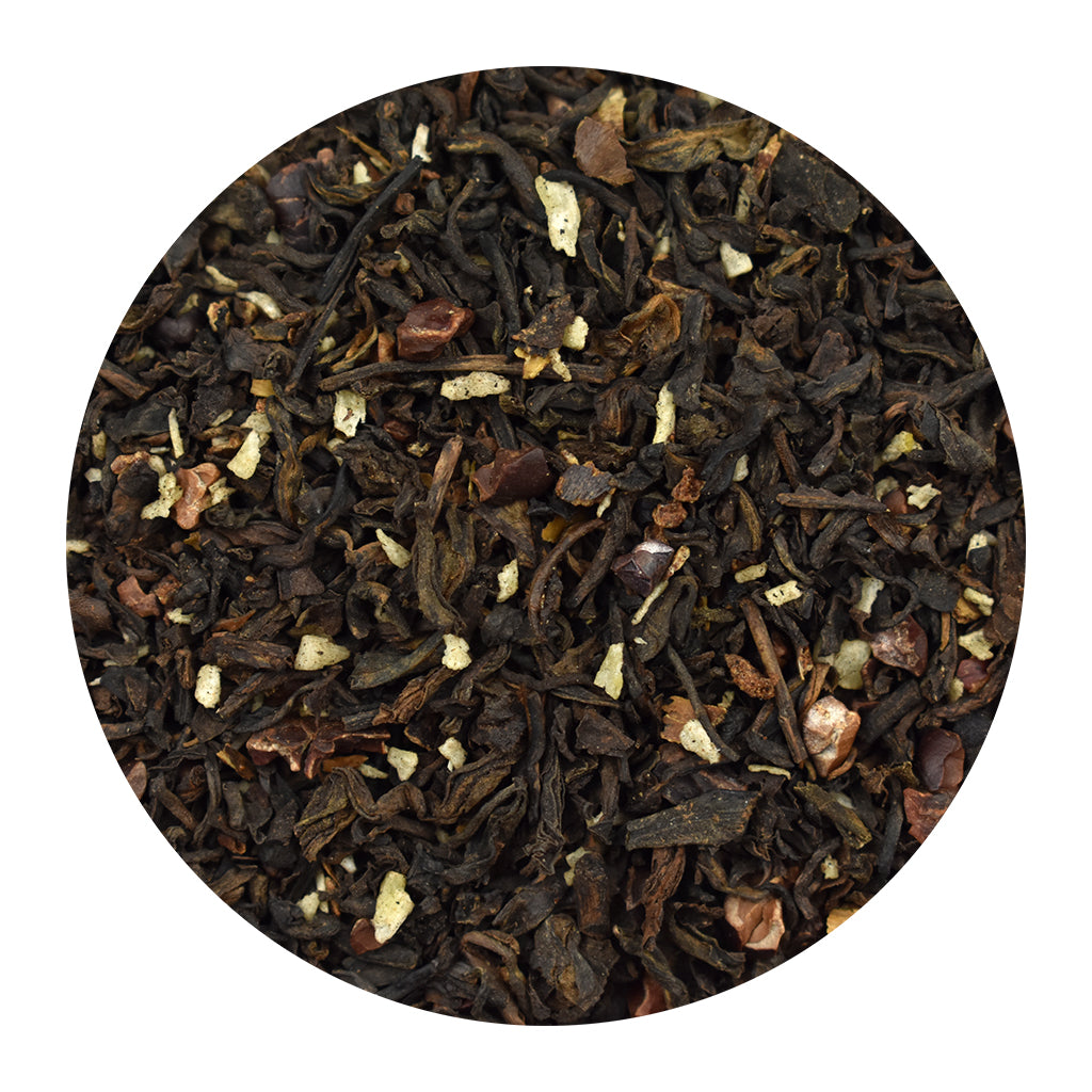 Bulk Chocolate Macaroon Pu-Erh tea leaves on a white background