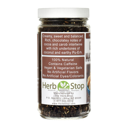Jar of Herb Stop Chocolate Macaroon Pu-Erh Black Tea with label on a white background