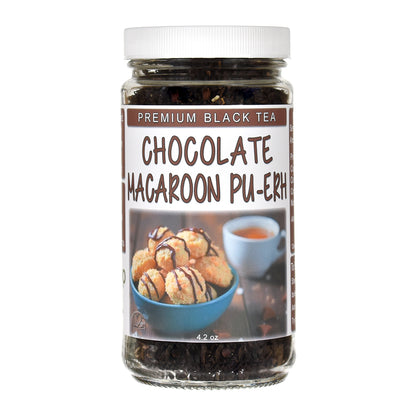 Jar of Chocolate Macaron Pu-erh tea with a label on a white background