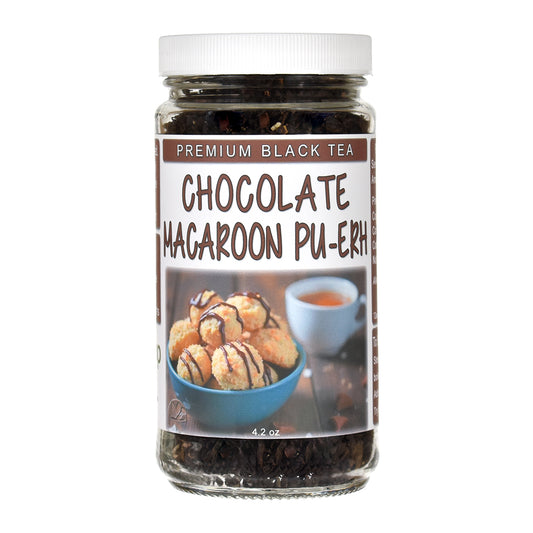 Jar of Chocolate Macaron Pu-erh tea with a label on a white background