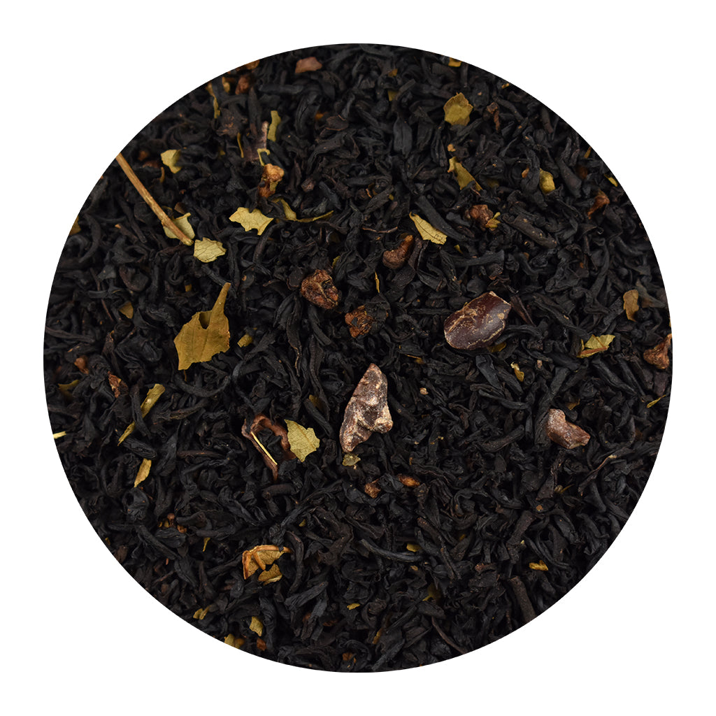 Bulk Chocolate Raspberry black tea leaves on a white background