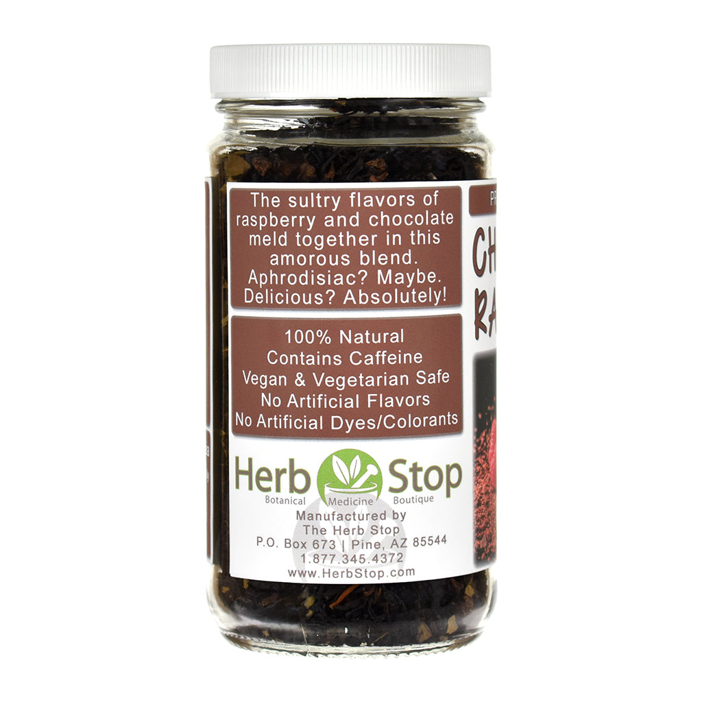 Jar of Herb Stop's Chocolate Raspberry black tea label on a white background