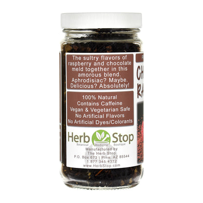 Jar of Herb Stop's Chocolate Raspberry black tea label on a white background