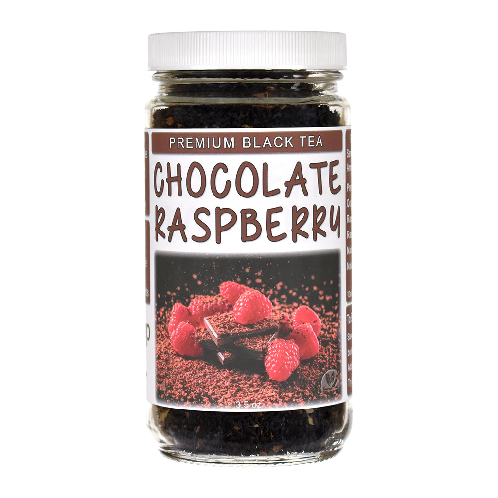 Jar of chocolate raspberry black tea on a white background