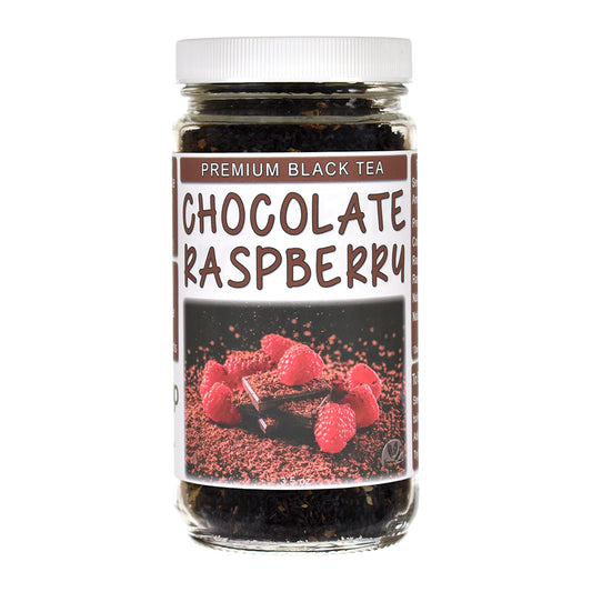 Jar of chocolate raspberry black tea on a white background