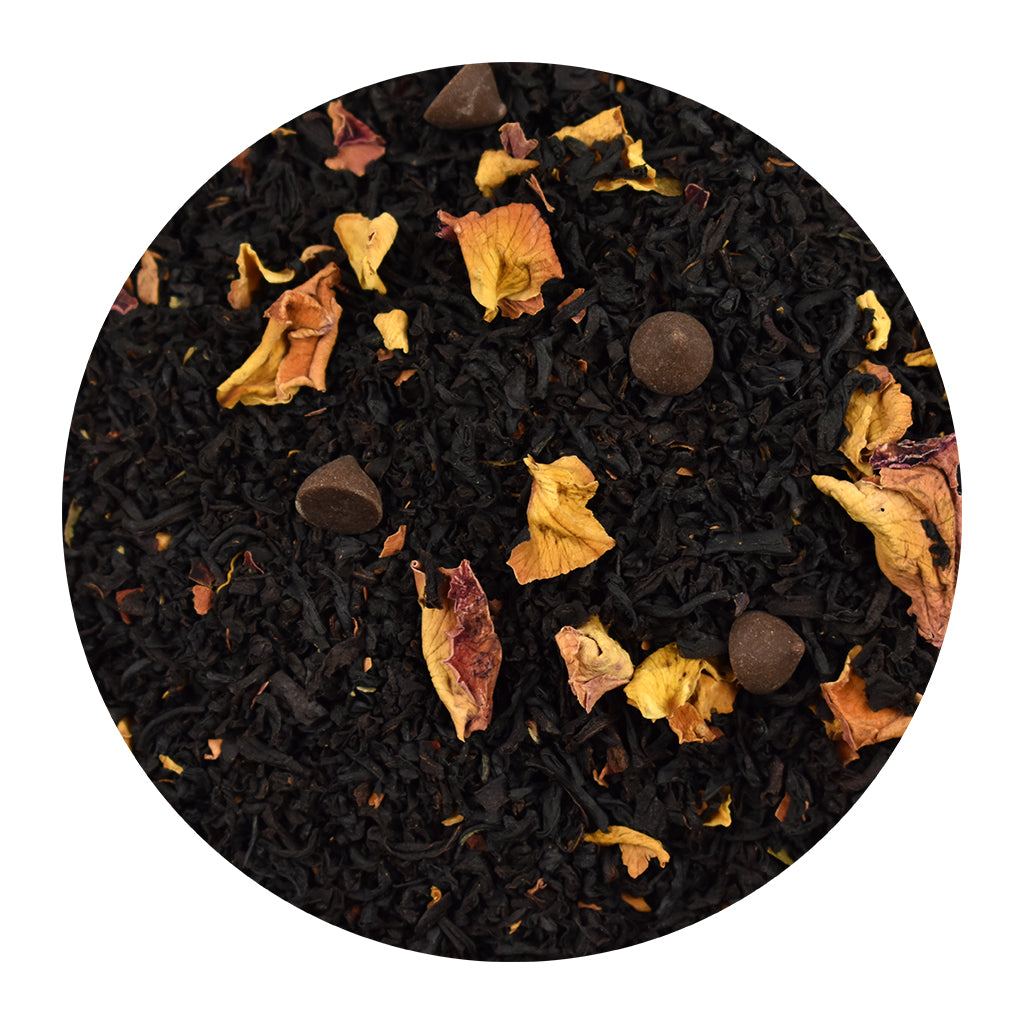 Bulk Chocolate Strawberry black tea leaves on a white background
