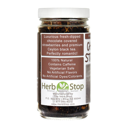 Jar of Herb Stop's Chocolate Strawberry black tea label on a white background