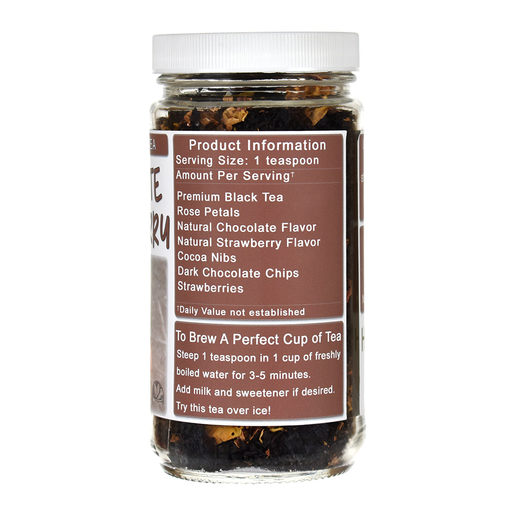 Jar of Herb Stop's Chocolate Strawberry black tea label on a white background