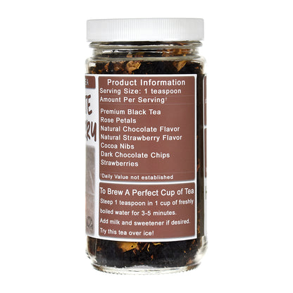 Jar of Herb Stop's Chocolate Strawberry black tea label on a white background