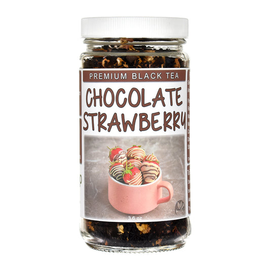 Jar of chocolate strawberry premium black tea on a white background