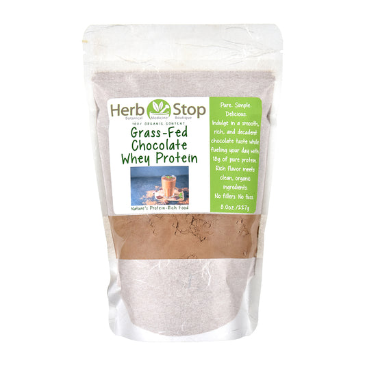 Herb Stop Grass-Fed Chocolate Whey Protein package on a white background