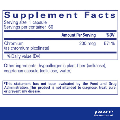 Supplement facts label for Chromium Picolinate by Pure Encapsulations supplement with serving size, servings per container, and ingredient list.
