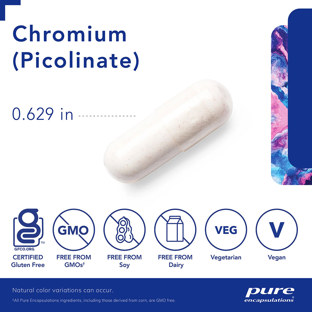 Chromium Picolinate by Pure Encapsulations with nutritional information and branding on a white background