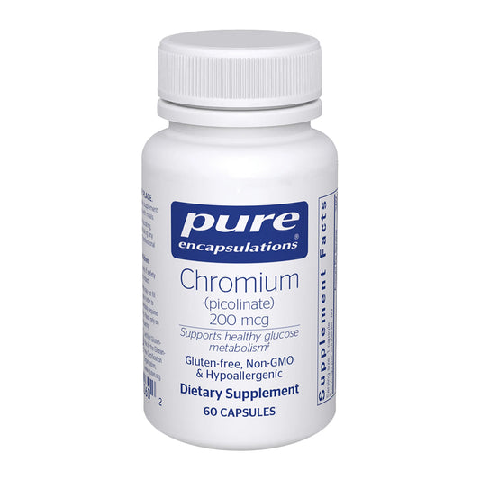 Supplement bottle labeled 'pure encapsulations Chromium picolinate' on a white background