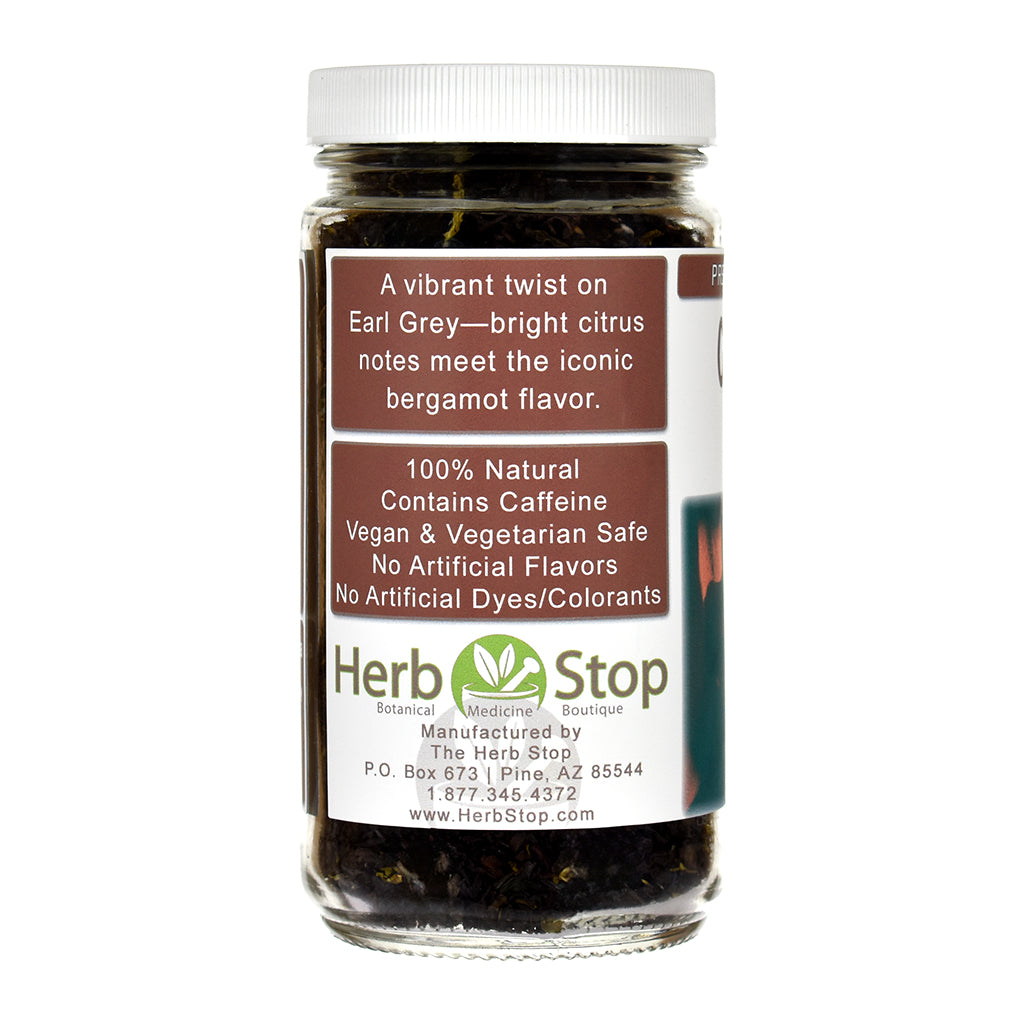 Jar of Citrus Grey tea with a label on a white background