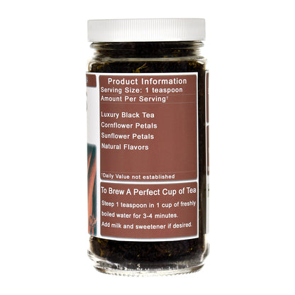 Jar of Citrus Grey Black tea with a label on a white background