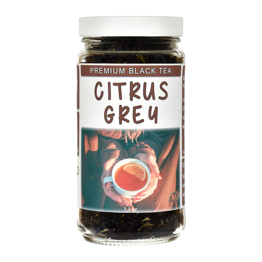 Jar of Citrus Grey Premium Black Tea on a white background