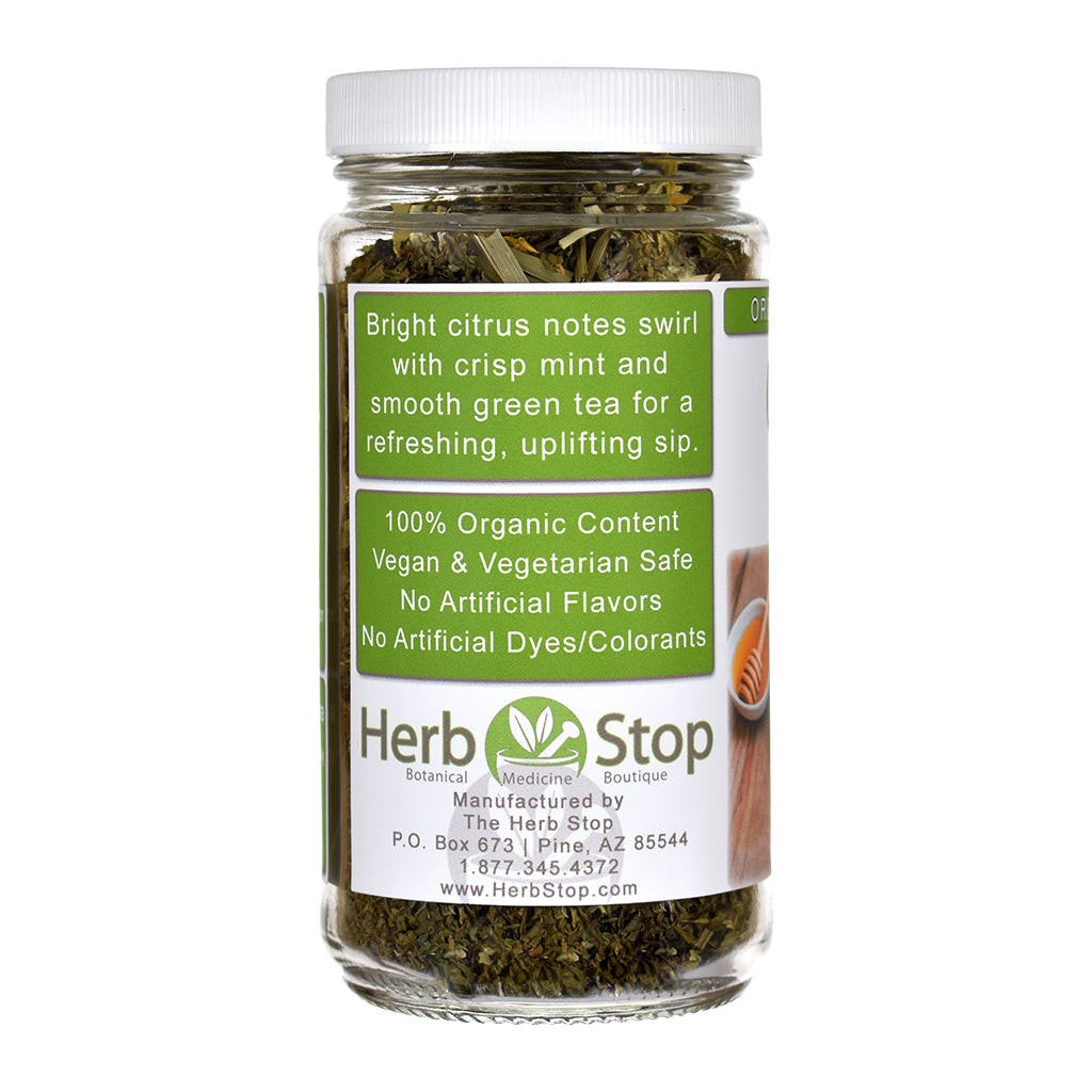 Jar of Herb Stop Citrus Mint Green Tea with a label on a white background