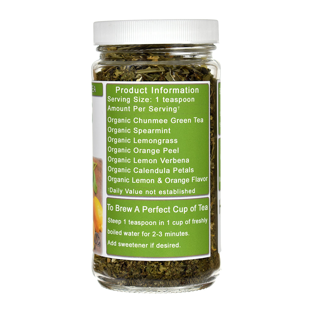 Jar of Organic Citrus Mint Green Tea with a green label on a white background