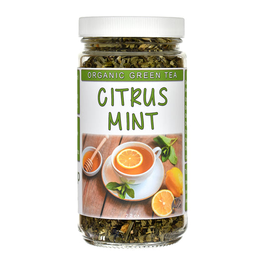 Jar of organic citrus mint green tea on a white background