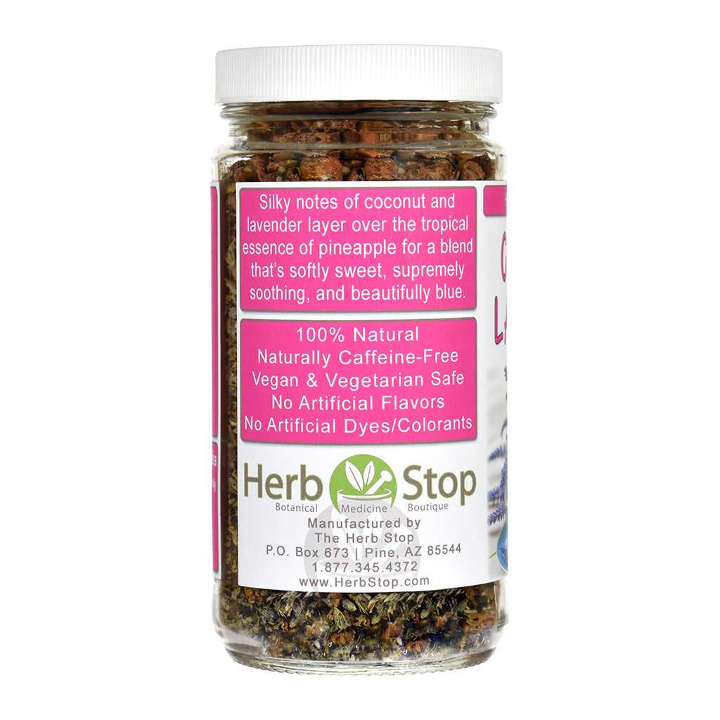 Jar of Coconut Lavender Herb & Fruit Tea with a pink label on a white background