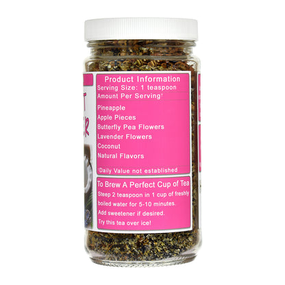 Jar Coconut Lavender Herb & Fruit Tea with a pink label on a white background