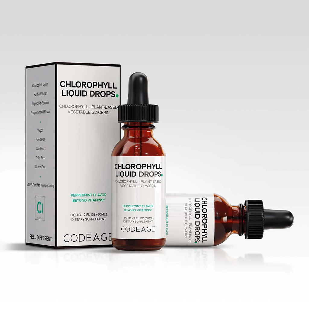 Chlorophyll liquid drops with bottle, box, and dropper on a white background