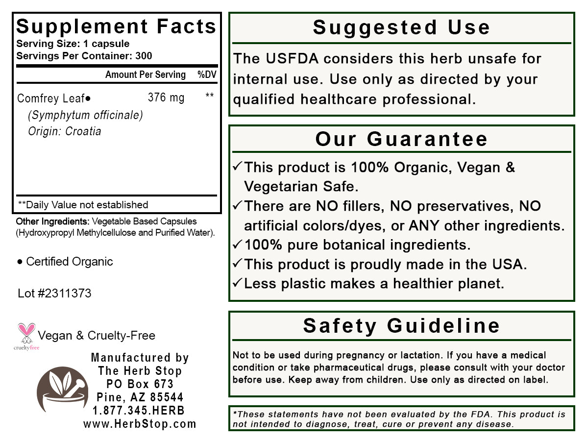 Comfrey Leaf Capsules Label - Back