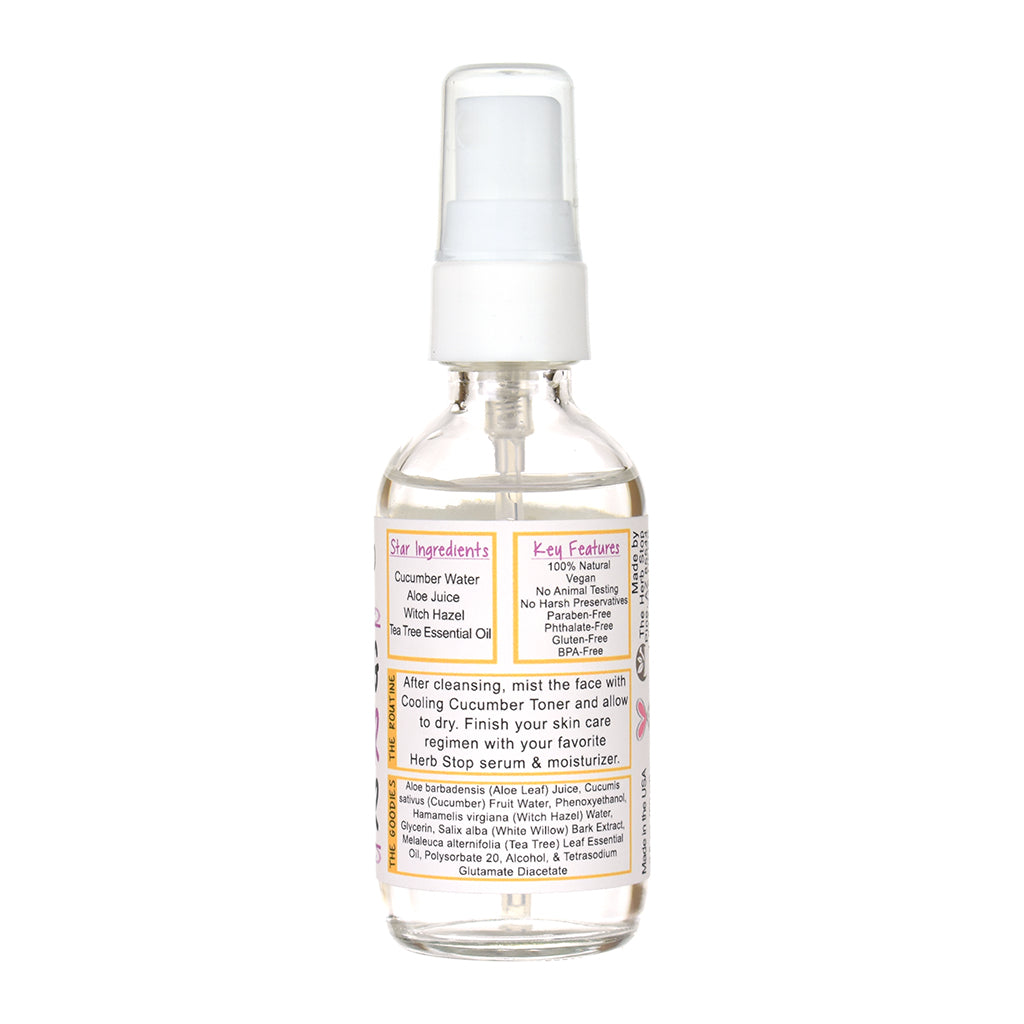 Cooling Cucumber Toner spray bottle with a white label on a white background