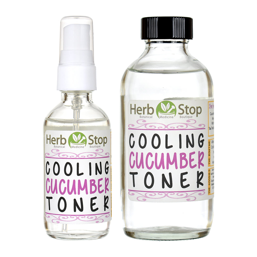 Two bottles of Herb Stop Cooling Cucumber Toner on a white background
