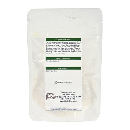 Copal Resin pieces in a white bag  with suggested uses 