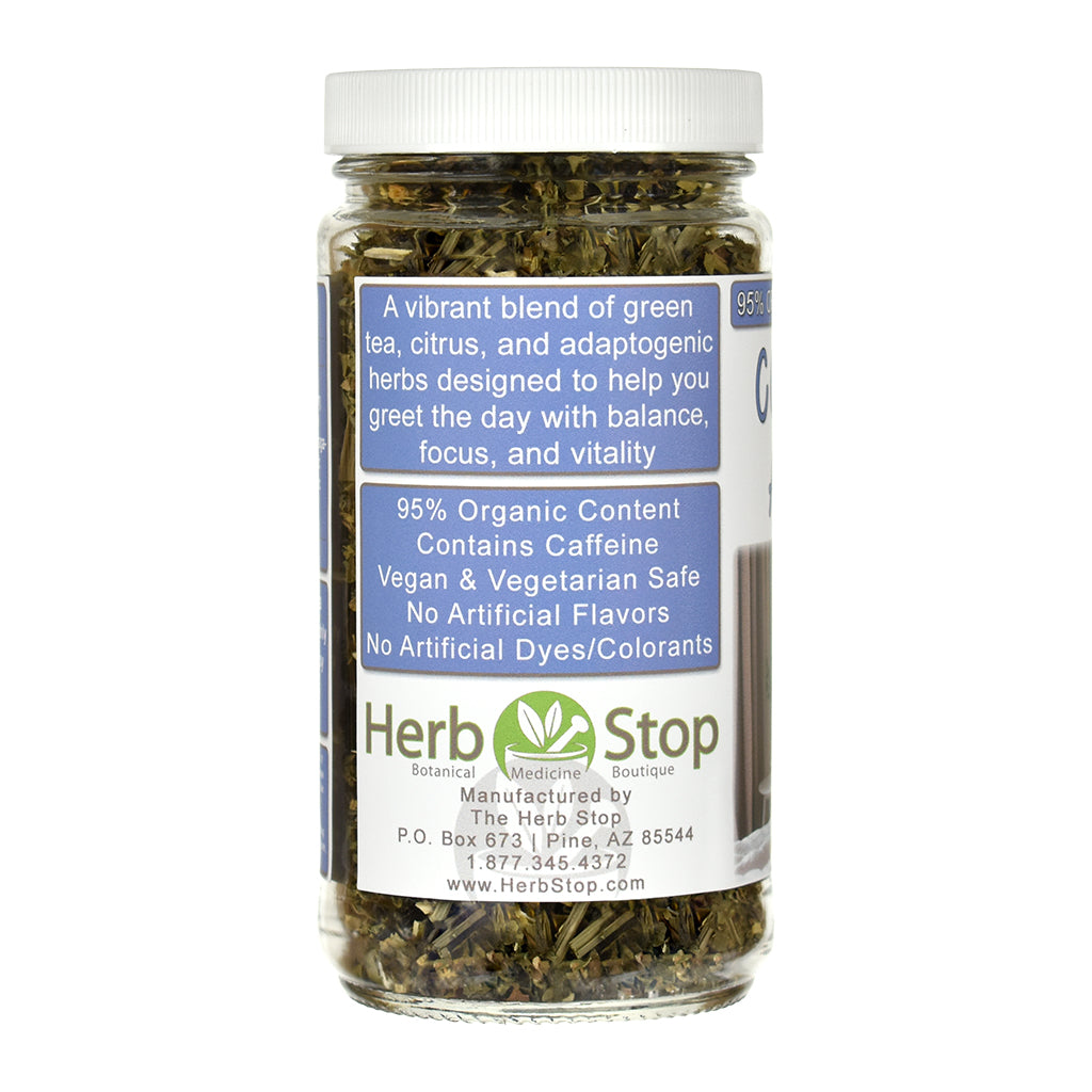 Jar of Cortisol Awake herbal Tea with a label on a white background, featuring Herb Stop branding.