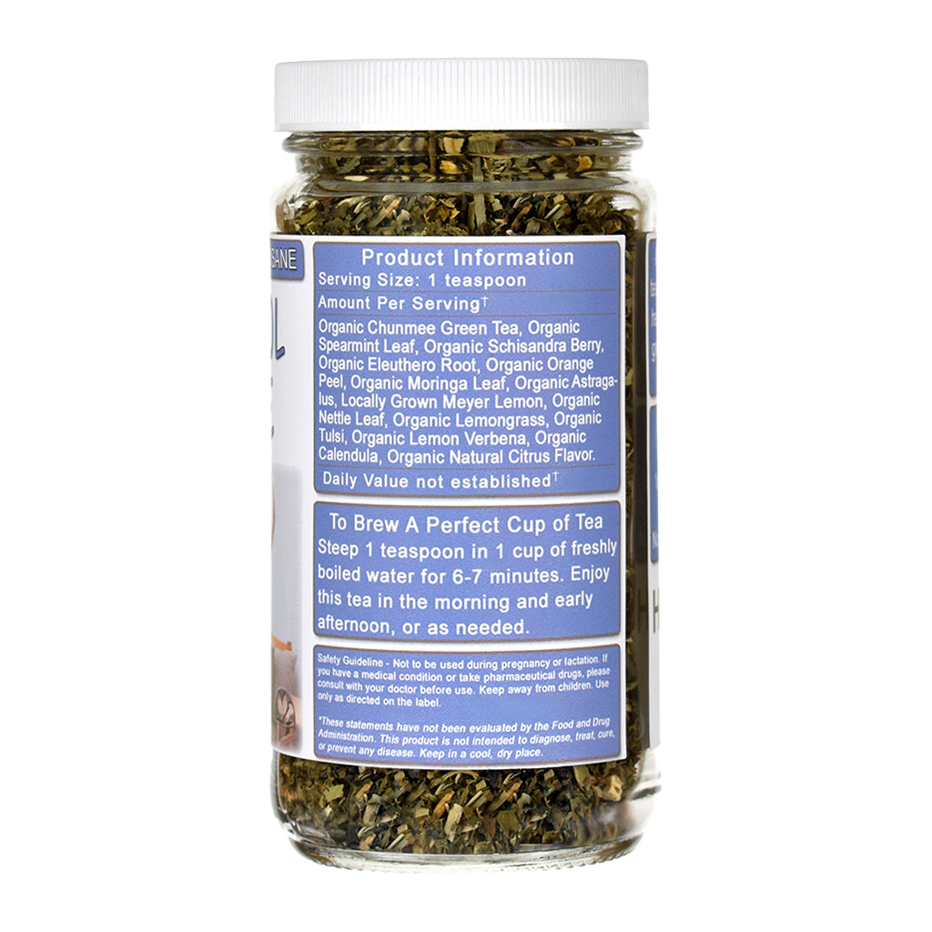 Jar of Cortisol Awake Herbal Tea with a label on a white background