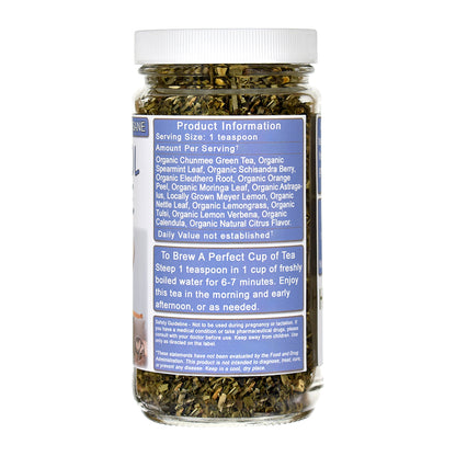 Jar of Cortisol Awake Herbal Tea with a label on a white background