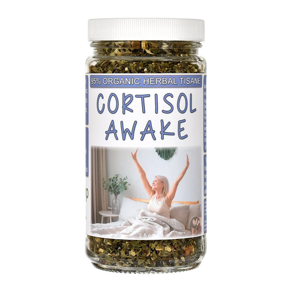 Jar of Cortisol Awake Tea organic herbal tisane with a label showing a person waking up.
