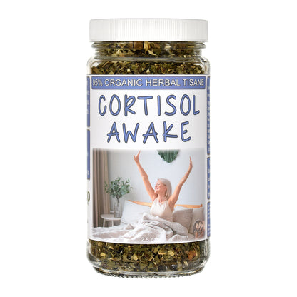 Jar of Cortisol Awake Tea organic herbal tisane with a label showing a person waking up.