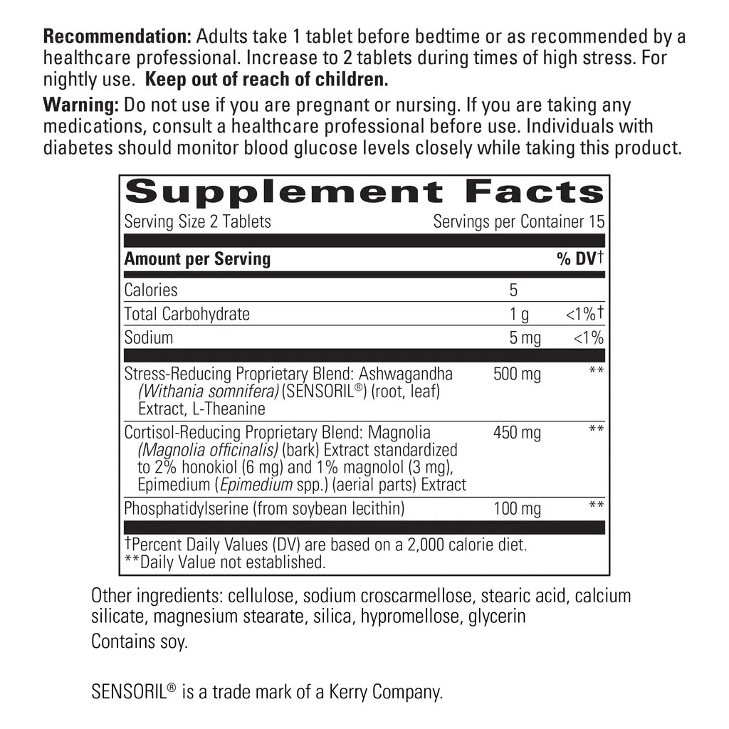 Supplement label with detailed ingredient list and usage instructions of Cortisol Manager on a white background