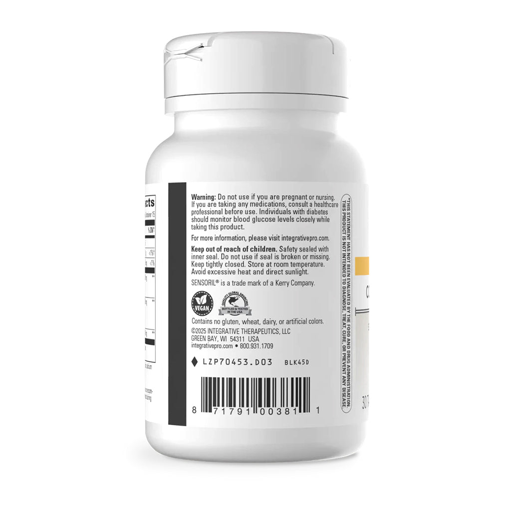 Back label of Cortisol Manager supplement container on a white background