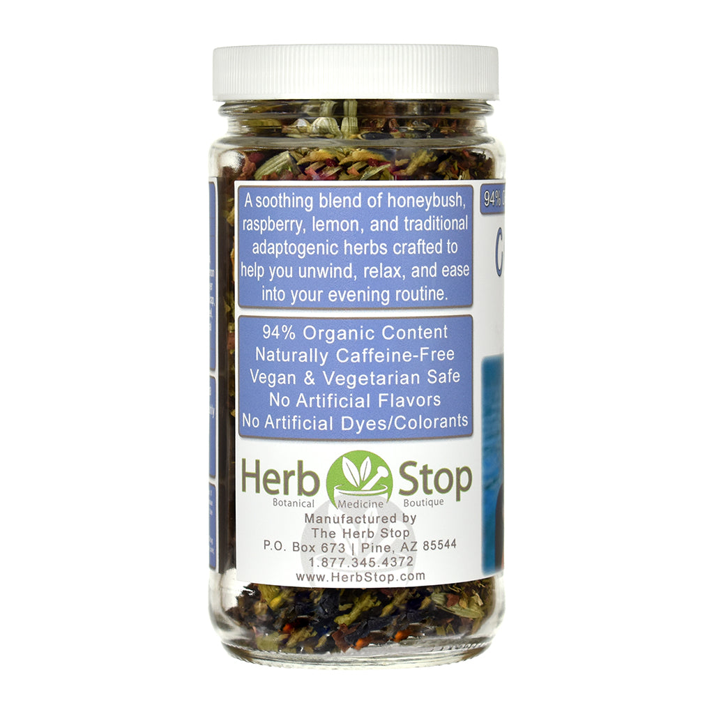 Herb Stop Cortisol Rest Herbal tea blend jar with label on a white background