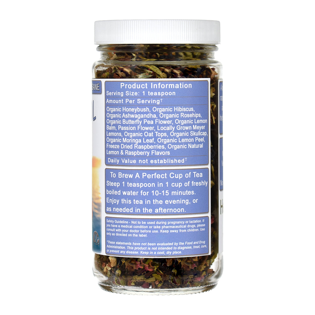 Glass jar of Cortisol Rest Herbal Tea with a blue label on a white background