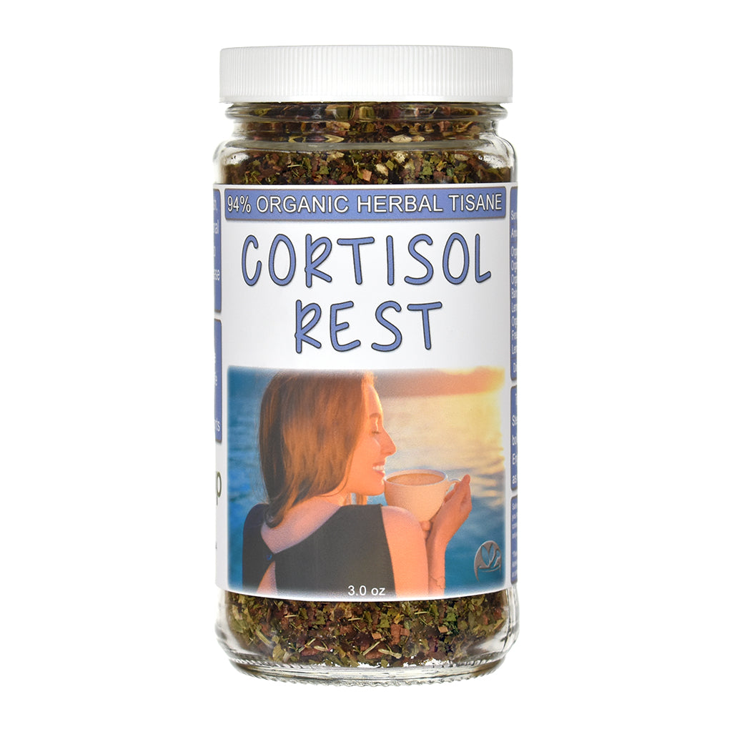 Jar of Cortisol Rest Tea organic herbal tisane with a label on a white background