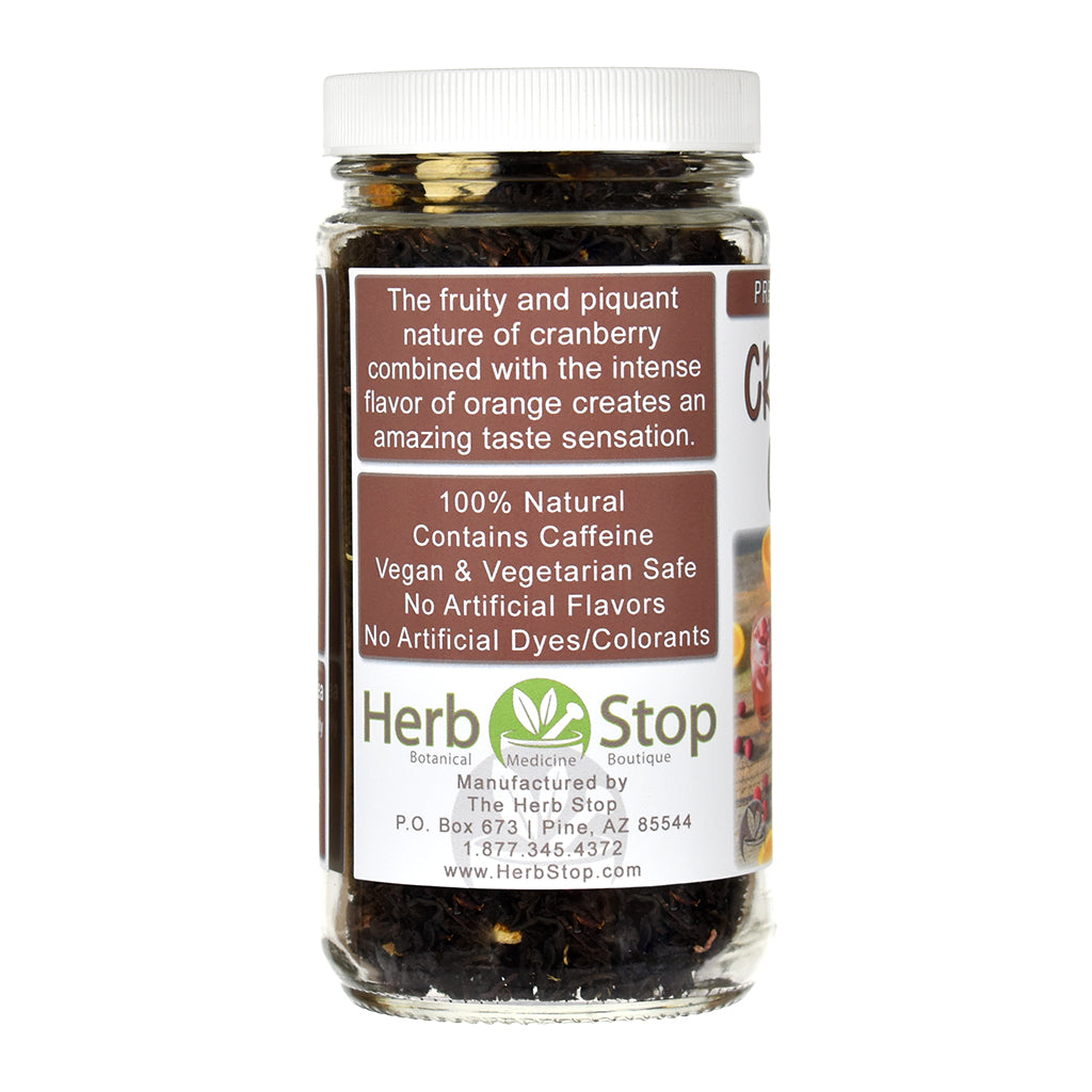 Jar of Herb Stop Cranberry Orange Black Tea with label on a white background