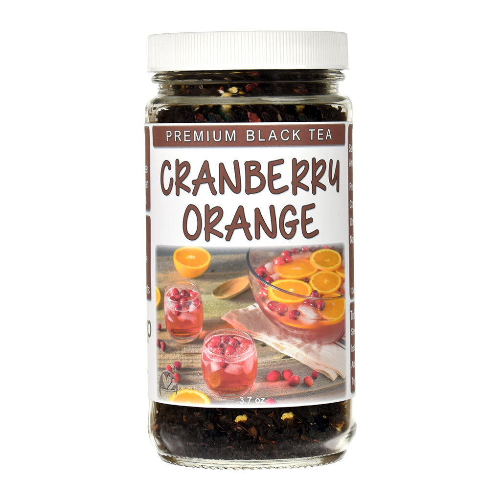 Jar of cranberry orange black tea on a white background