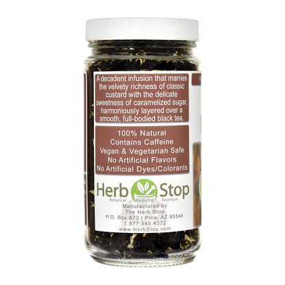Jar of Creme Brulee Black Tea with a label on a white background