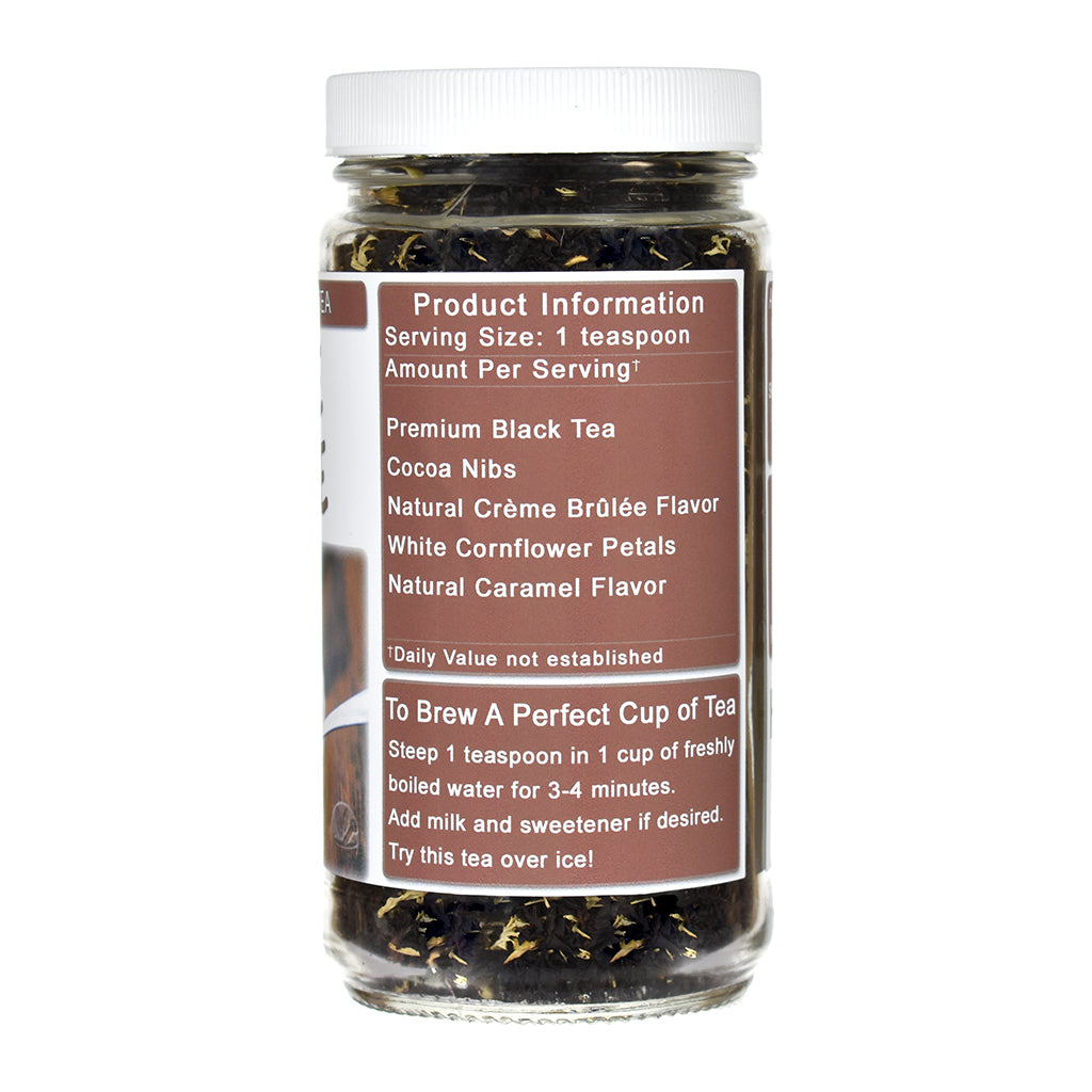 Jar of Creme Brulee Black Tea with a label on a white background