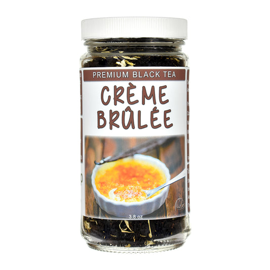 Jar of premium black tea Crème Brulèe with a white background