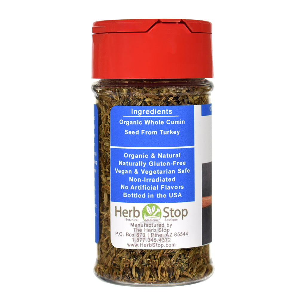 Cumin Seed Whole spice jar with red lid and label on a white background