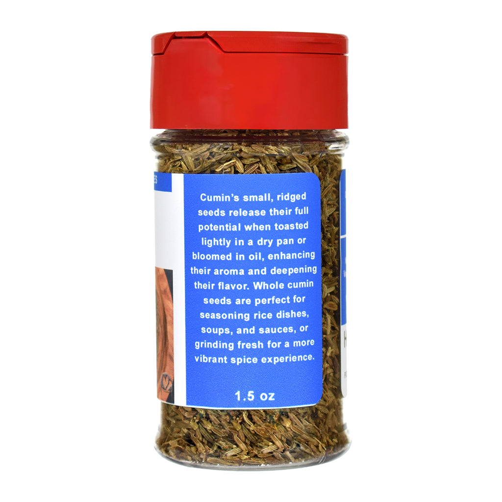 Jar of cumin seeds with a red lid and blue label on a white background