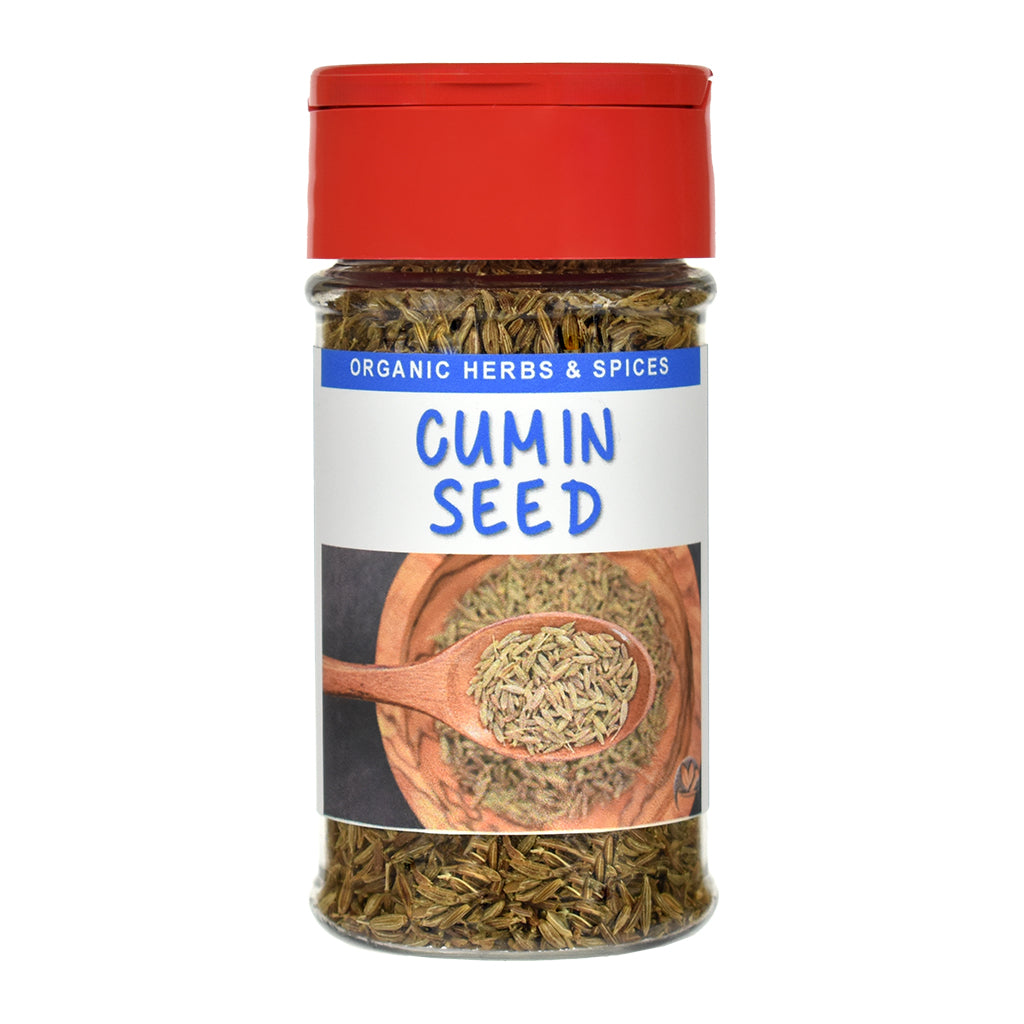 Jar of organic cumin seeds with a red lid on a white background