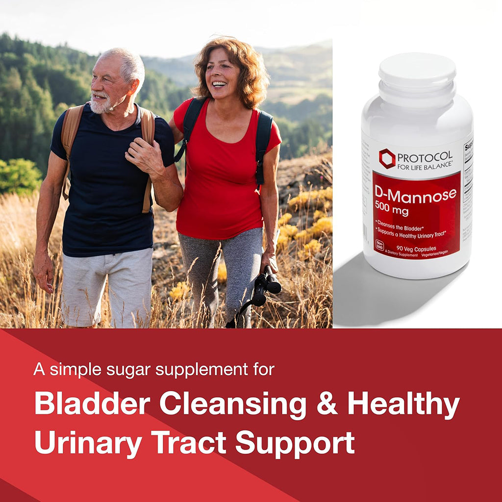 Couple hiking outdoors with a supplement bottle labeled 'D-Mannose' on a red and white background.